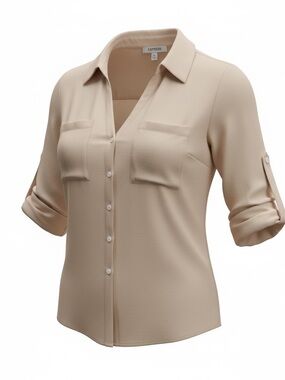 Express Neutral Beige Smart & Clean Button-Front V-neck XS Blouse